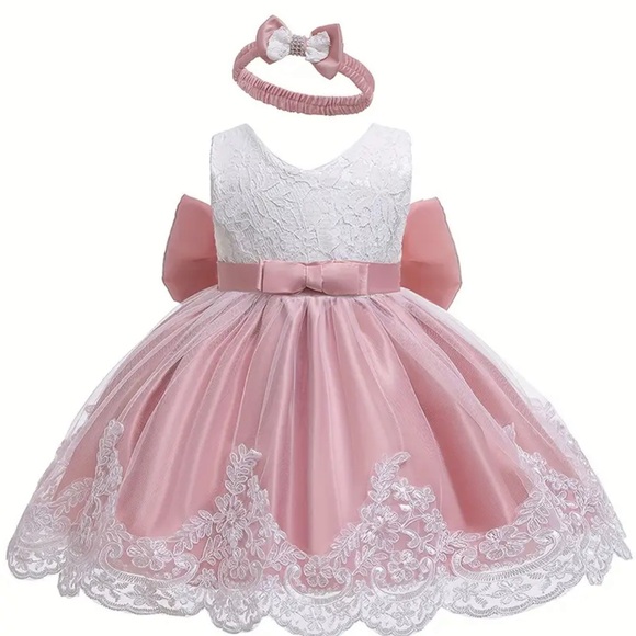 Pink and White Handmade Lace Dress with Headband